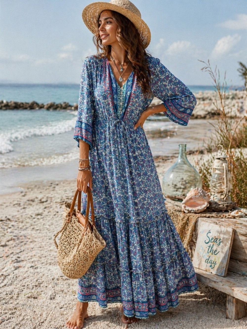 Walker & Wade Seaside Maxi Dress 3/4 Sleeve Blue Pink Lightweight Tie Waist